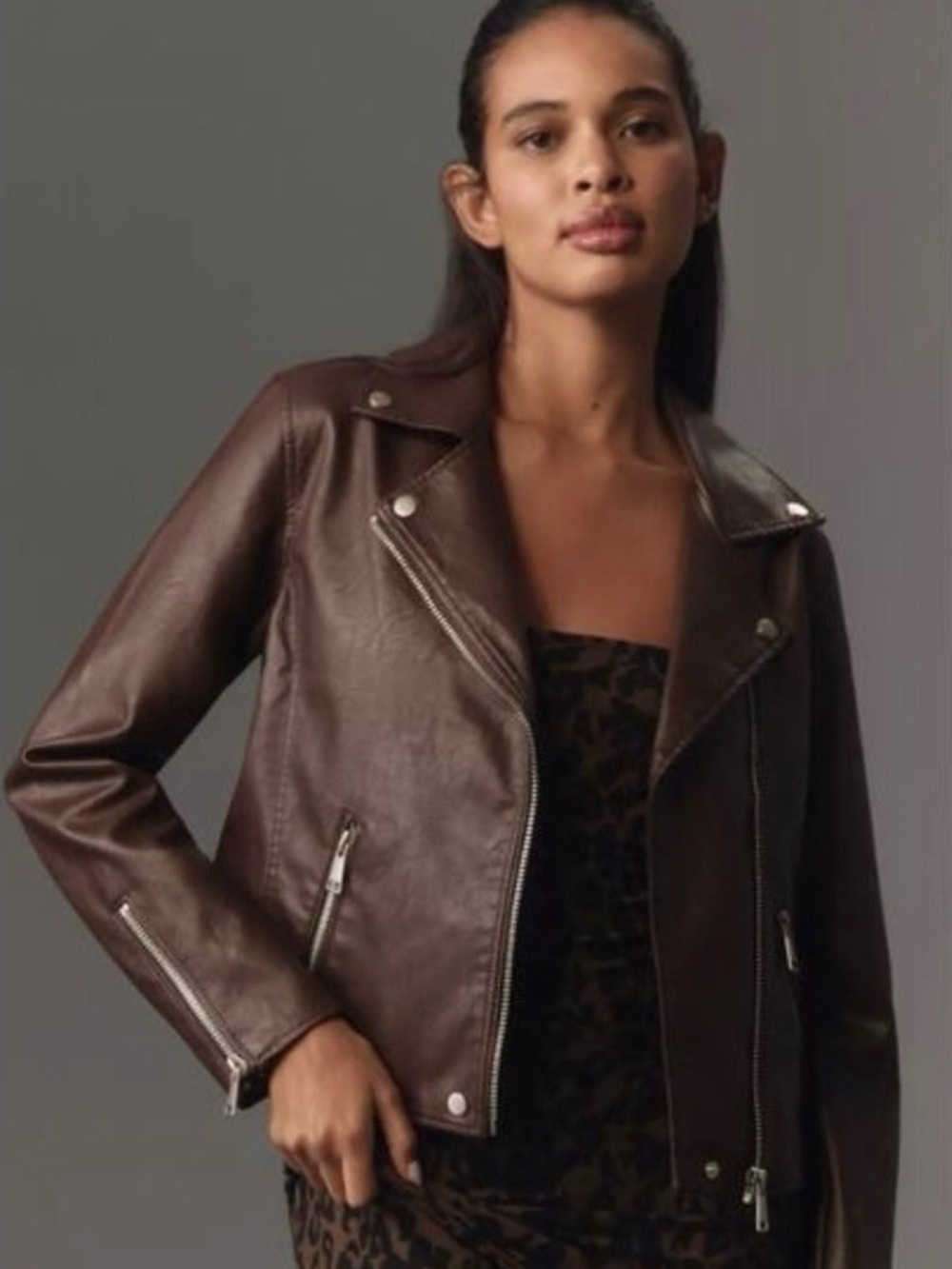 Anthropologie The Saige Brown Faux Leather Moto Jacket